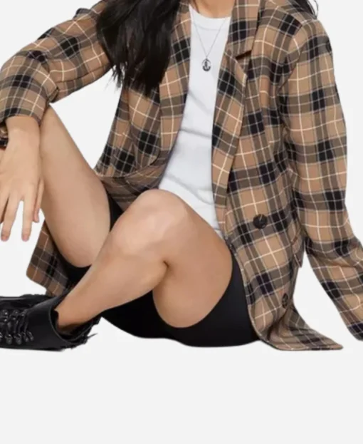 Kristin Kreuk Murder In A Small Town 2024 Camel Plaid Blazer - Image 2