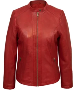 Cafe Racer Female Red Leather Jacket With Erect Style Collar
