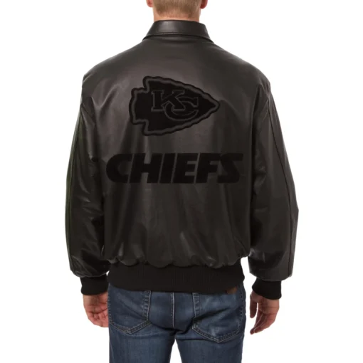 Kansas City Chiefs Tonal Full Black Leather Bomber Jacket - Image 2