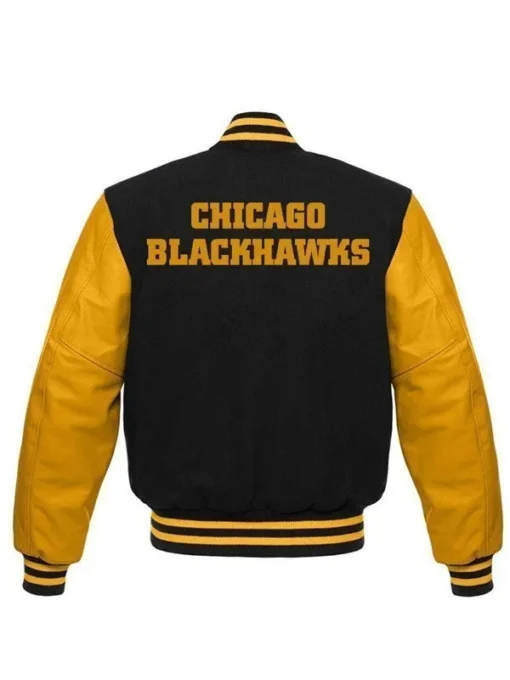 Chicago Blackhawks Black and Yellow Varsity Jacket - Image 2
