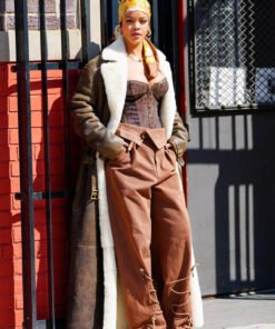 Rihanna Long Oversize Shearling Leather Coat