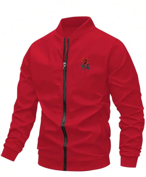 Valentine’s Day Men Romantic Rose and Slogan Print Red Jacket - Image 2