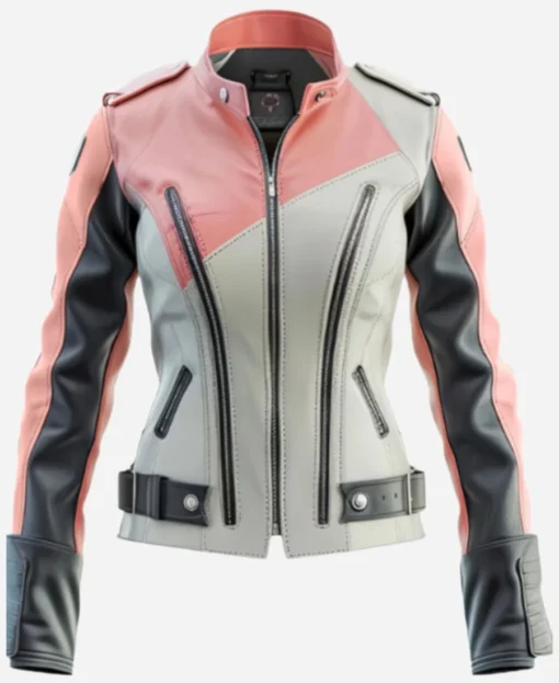 Women’s Ash Grey Pink Leather Bikers Jacket