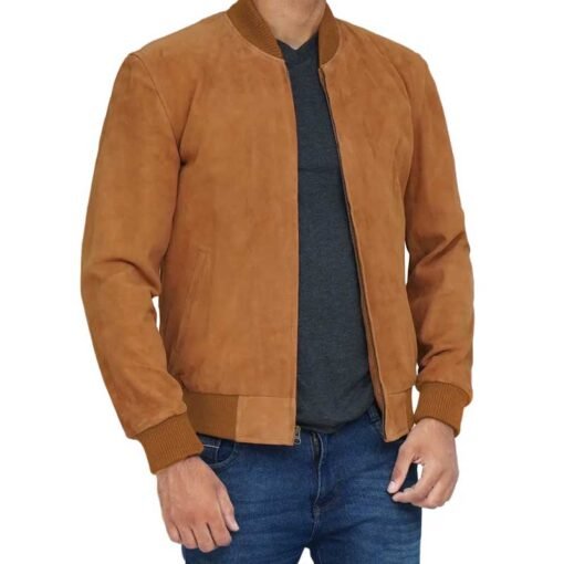 Light Brown Suede Bomber Jacket - Image 2