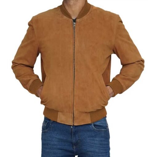Light Brown Suede Bomber Jacket - Image 3