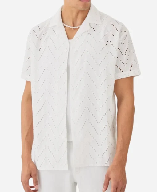 Love Island USA S7 Nicolas Vansteenberghe White Broderie Shirt - Image 2