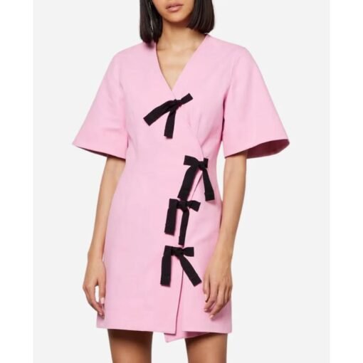 Taskmaster AU S03 Emma Holland Black Bows Pink Wrap Dress - Image 3