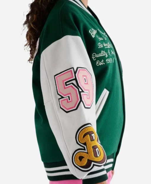Women’s Leather Varsity Green & White Jacket - Image 3