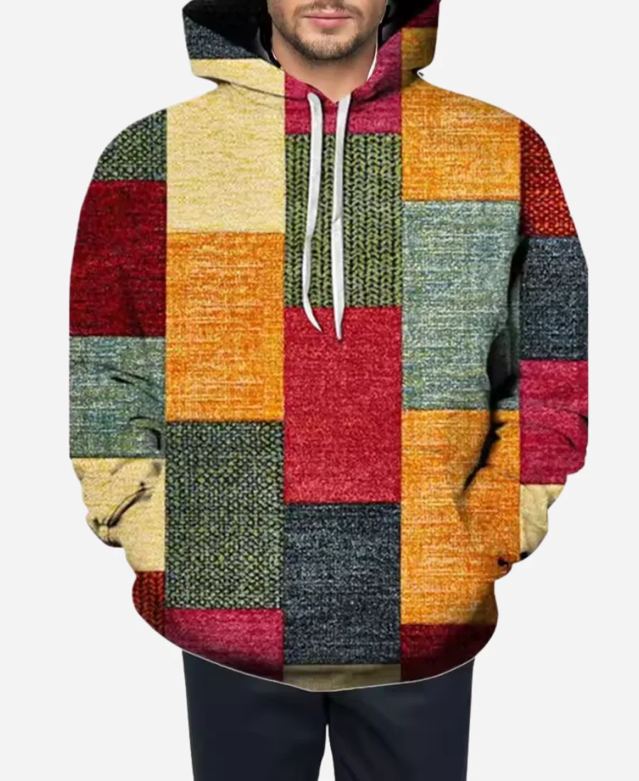 Vintage 90s 3d Printed Plaid Pattern Casual Hoodie