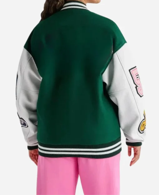 Women’s Leather Varsity Green & White Jacket - Image 2