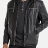 Black Vintage Hooded Leather Jacket For Men’s