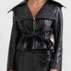 Black Wide Lapel Leather Jacket With Belted For Women’s