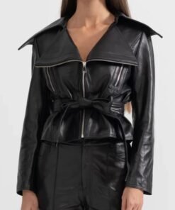 Black Wide Lapel Leather Jacket With Belted For Women’s