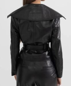 Black Wide Lapel Leather Jacket With Belted For Women’s