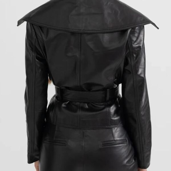 Black Wide Lapel Leather Jacket With Belted For Women’s
