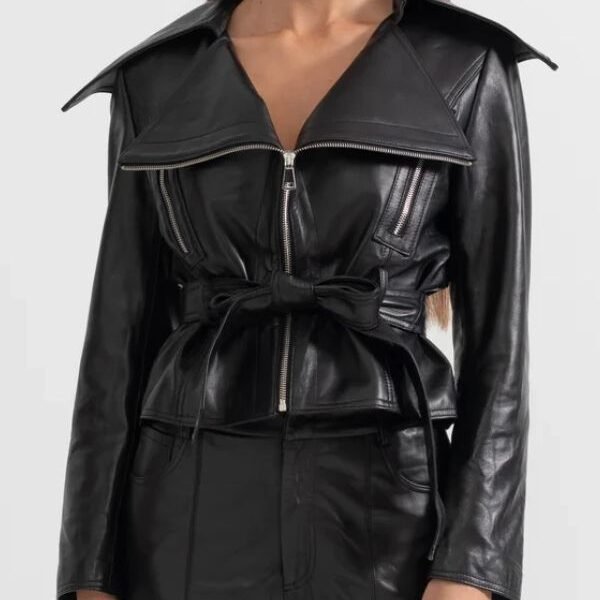 Black Wide Lapel Leather Jacket With Belted For Women’s