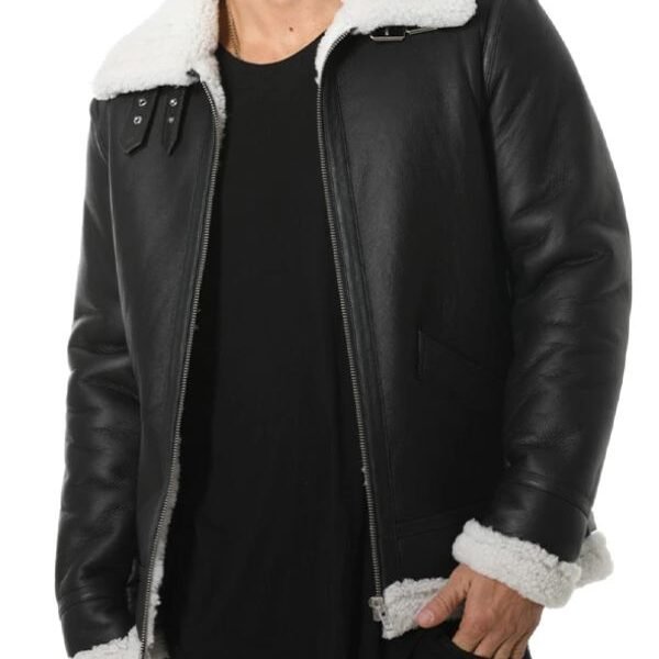 B3 Black Shearling Aviator Pilot Bomber Jacket For Men’s