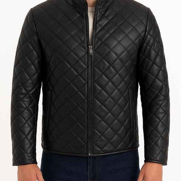 Men’s Classic Style Black Leather Quilted Jacket