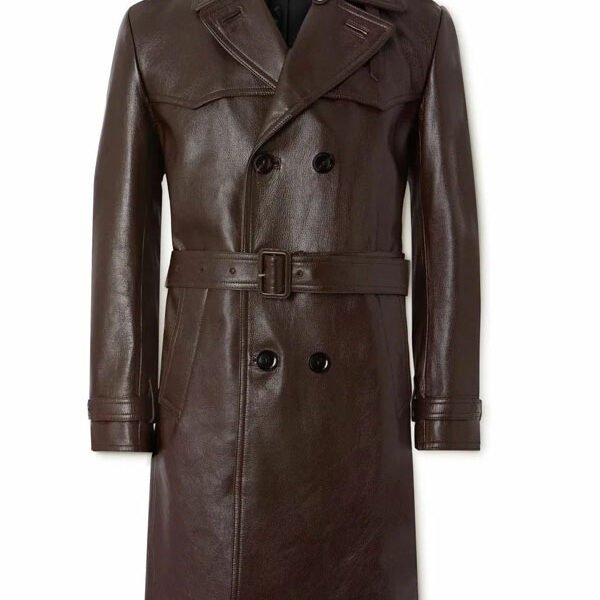 Men’s Stylish Long Brown Leather Trench Coat