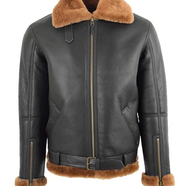 RAF Black B3 Bomber Brown Shearling Jacket