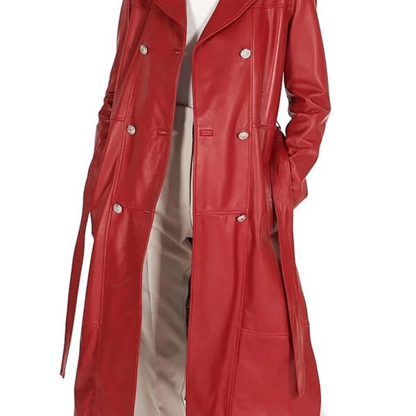 Red Double Breasted Leather Coat