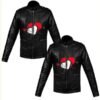 Red and White Heart Printed Valentines Couple Black Leather Jacket