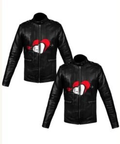Red and White Heart Printed Valentines Couple Black Leather Jacket