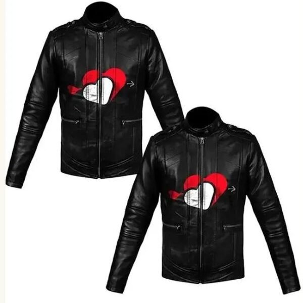 Red and White Heart Printed Valentines Couple Black Leather Jacket