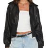 Women’s Cropped Black Leather Bomber Jacket