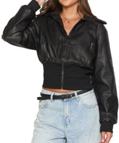 Alternative view of Women’s Cropped Black Leather Bomber Jacket