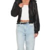 Women’s Cropped Black Leather Bomber Jacket