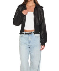 Women’s Cropped Black Leather Bomber Jacket