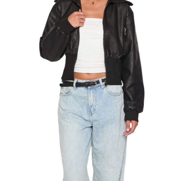 Women’s Cropped Black Leather Bomber Jacket