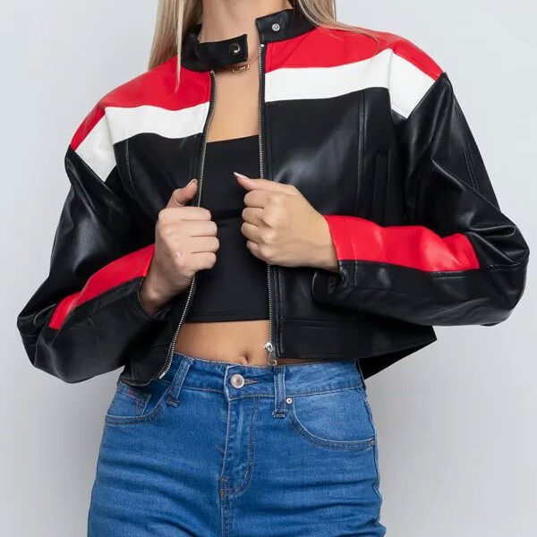 Women’s Cropped Red And Black Leather Jacket