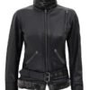 Black Leather Shearling Belted Jacket