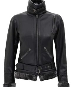 Black Leather Shearling Belted Jacket