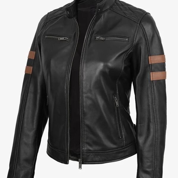Black Biker Leather Jacket with Cognac Stripes