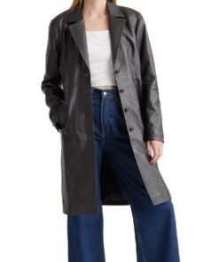 Alternative view of Black Leather Long Buttoned Trench Coat