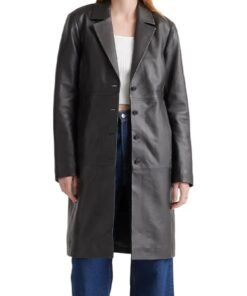 Black Leather Long Buttoned Trench Coat