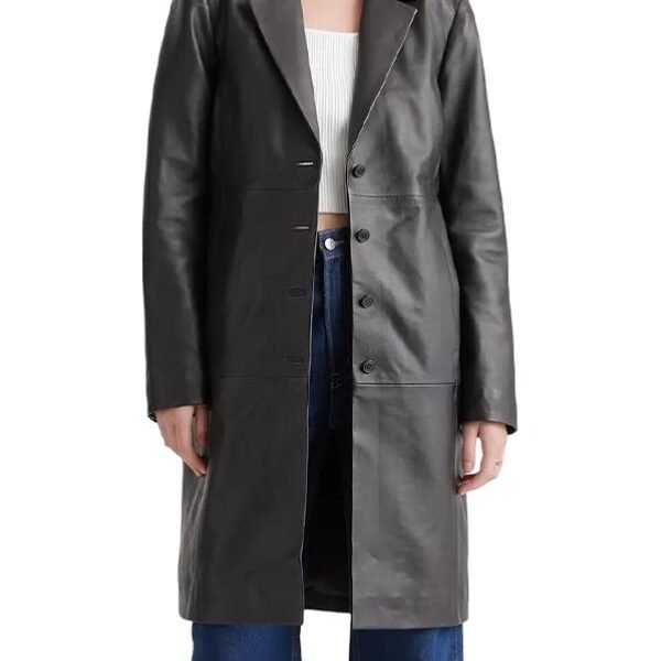 Black Leather Long Buttoned Trench Coat