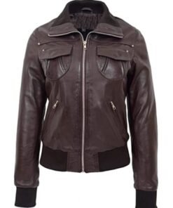 Brown Slim Fit Bomber Leather Jacket