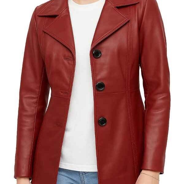 Three Button Red Leather Blazer For Women’s